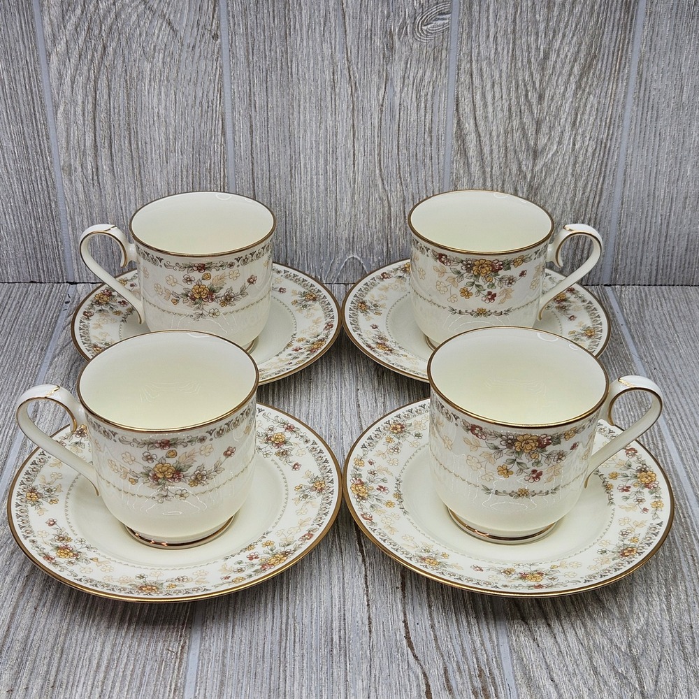 Noritake Salisbury 9723 Bone China Cup and Saucer Set of 4 Floral Gold Trim